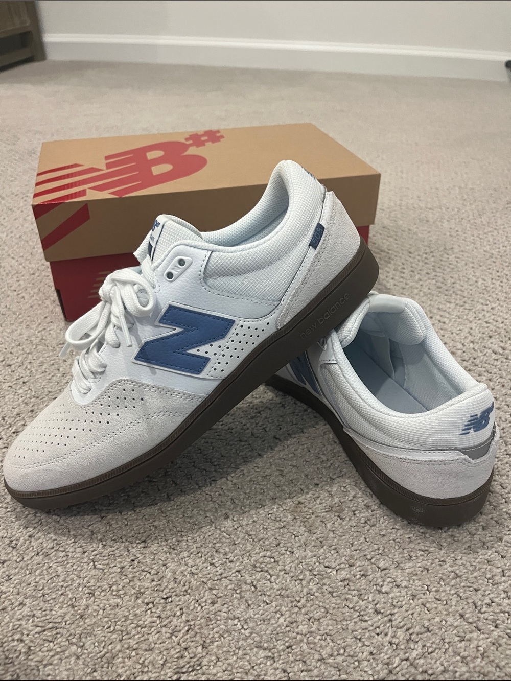 New Balance Men's White & Blue Low-Top Sneakers with Brown Outsole